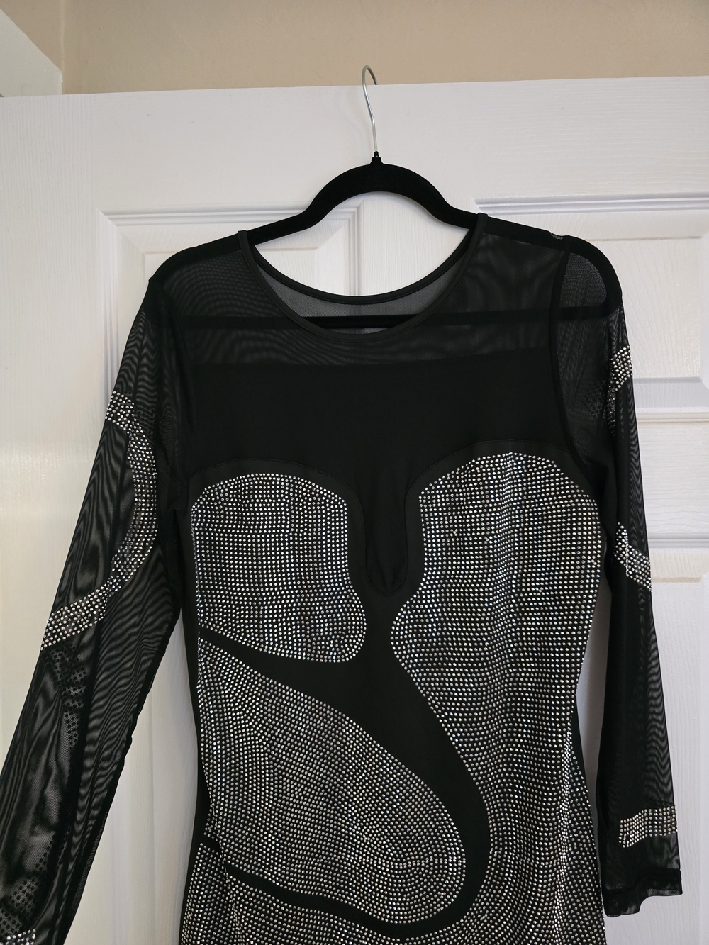 Black Sheer Mesh Rhinestone Bodycon Dress